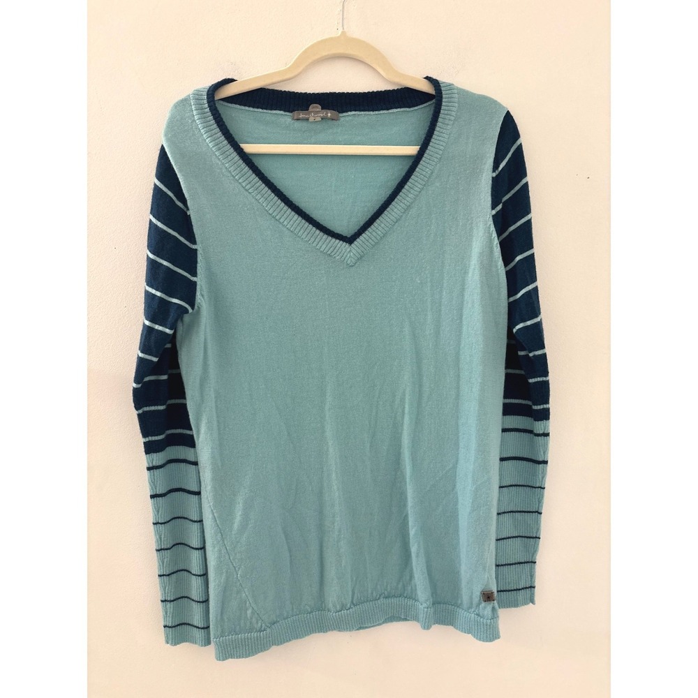 Smartwool Womens 100% Merino Wool V-Neck Striped Sleeve Blue Sweater Large